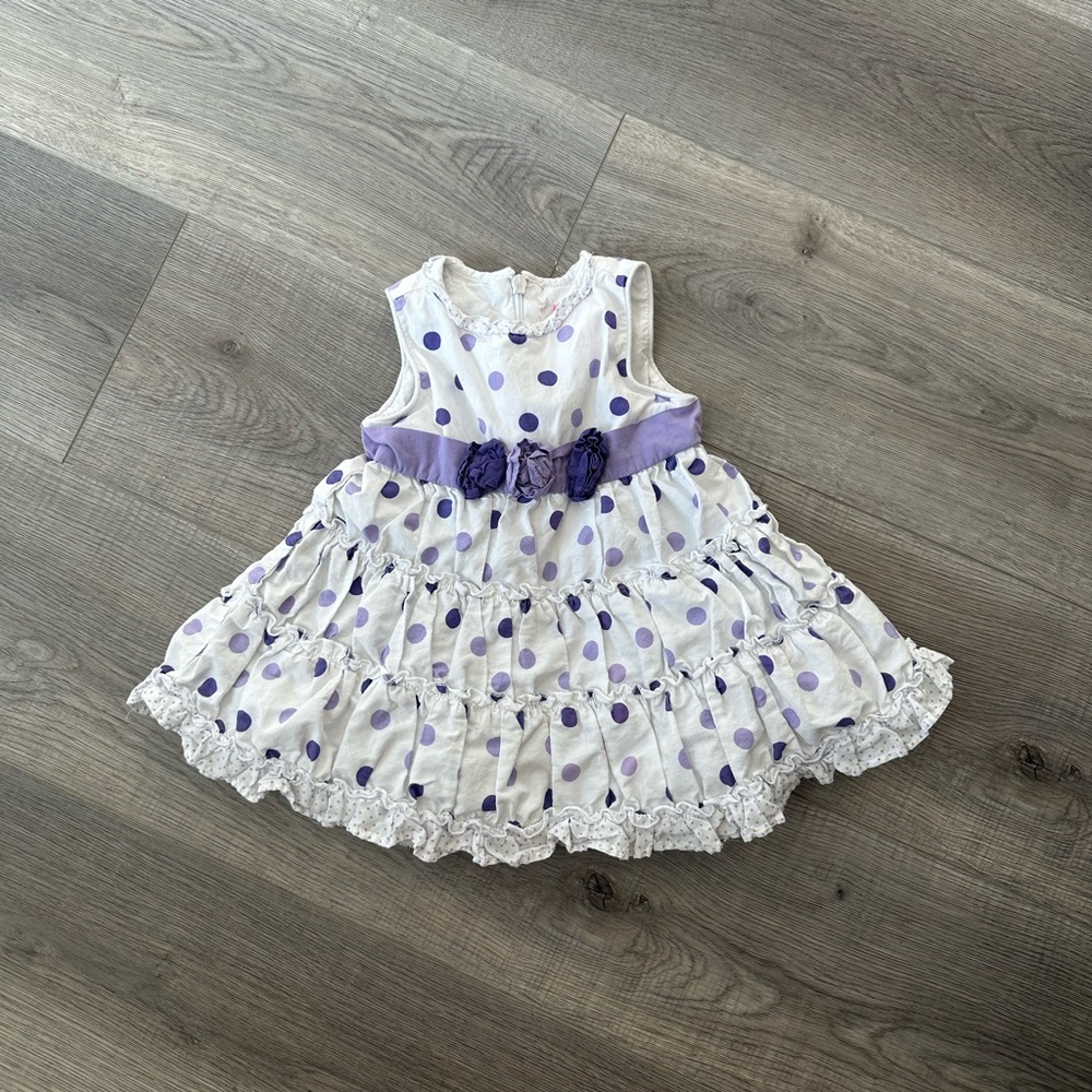 2/20$ white and purple polka dot sleeveless ruffle baby dress size 3-6 months